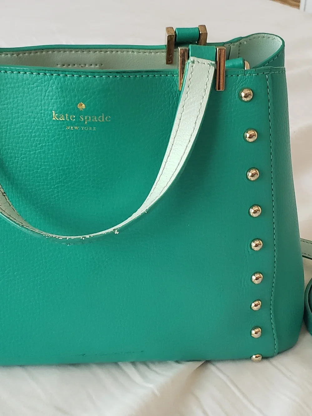 kate spade turquoise pebbled leather satchel with gold hardware